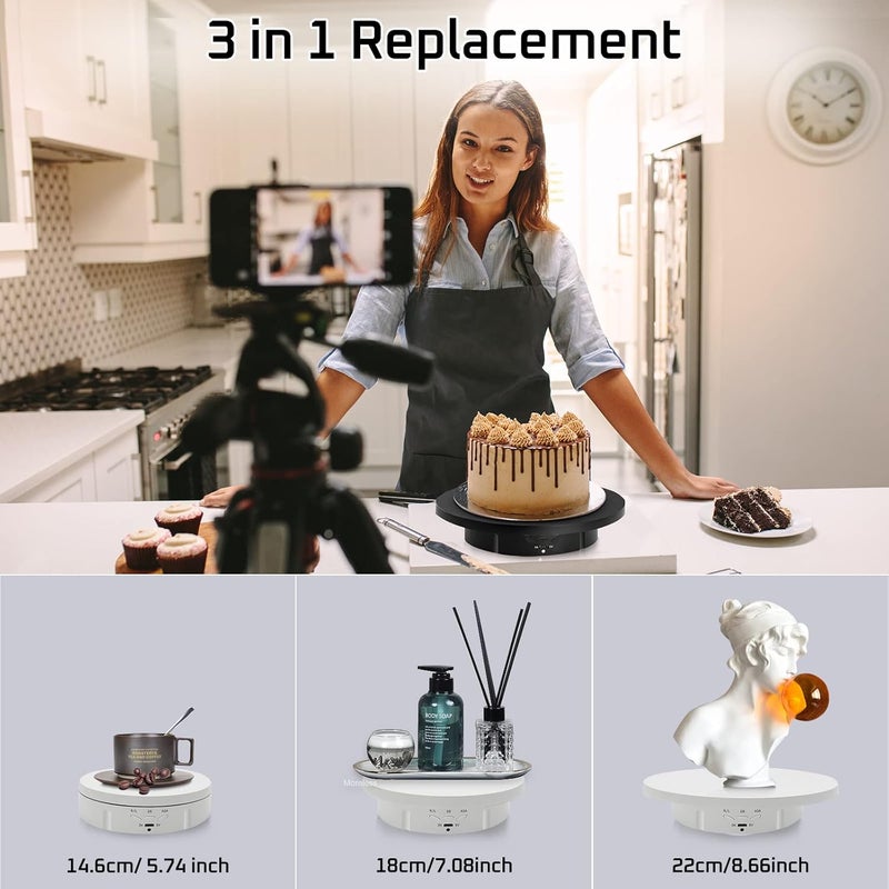 JAYEGT 3in 1 Motorized Rotating Display Stand with 5.74/7.08/8.66 inch Replacement Cover，Max 22lbs Load, 360 Electronic Turntable for Photography Products (3 in1 / White/with Remote Controller) - Image 3